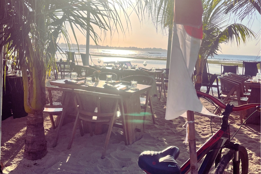 View From Gili Air Cafe with Bike And Indonesian Flag 