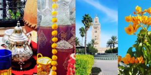 Colourful scenes from Marrakech, spices, flowers, Koutoubia Mosque and mint tea