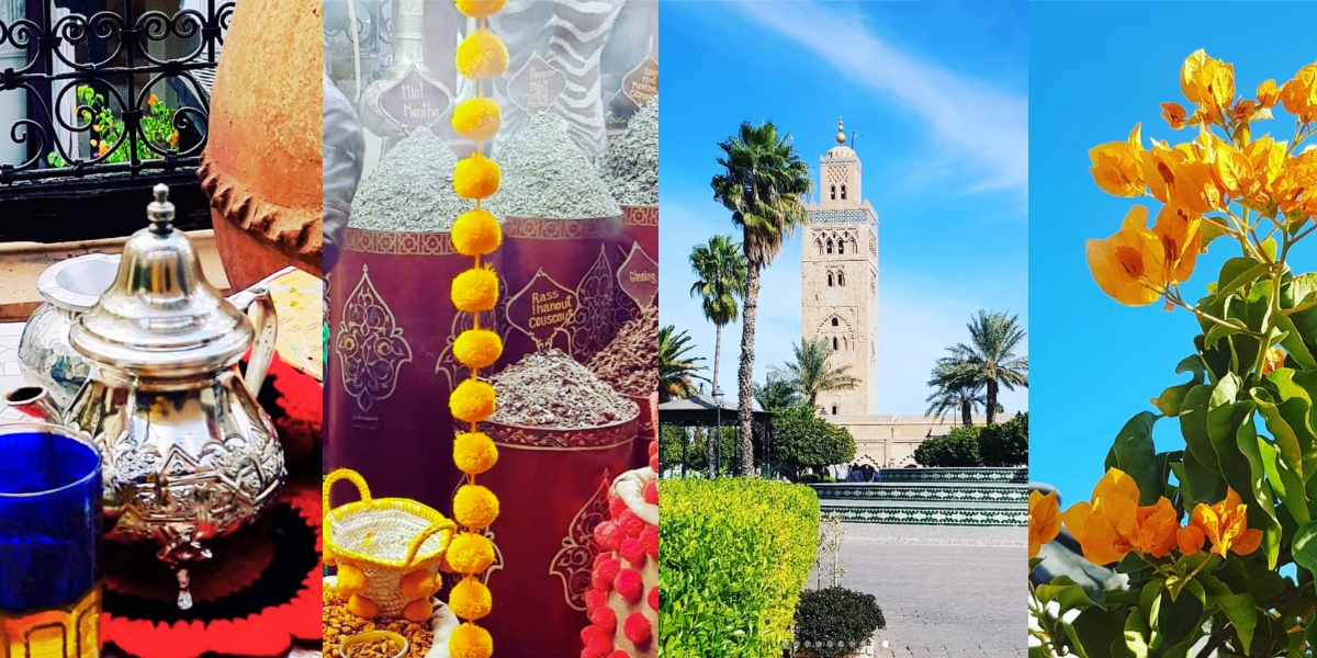 Colourful scenes from Marrakech, spices, flowers, Koutoubia Mosque and mint tea