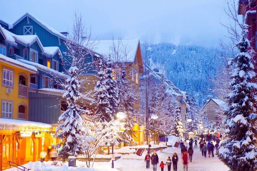 Whistler at dusk in the snow a cosy scene 