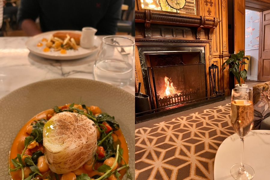 Gorgeously presented food and a glass of fizz by the fire at The Wood Norton Hotel