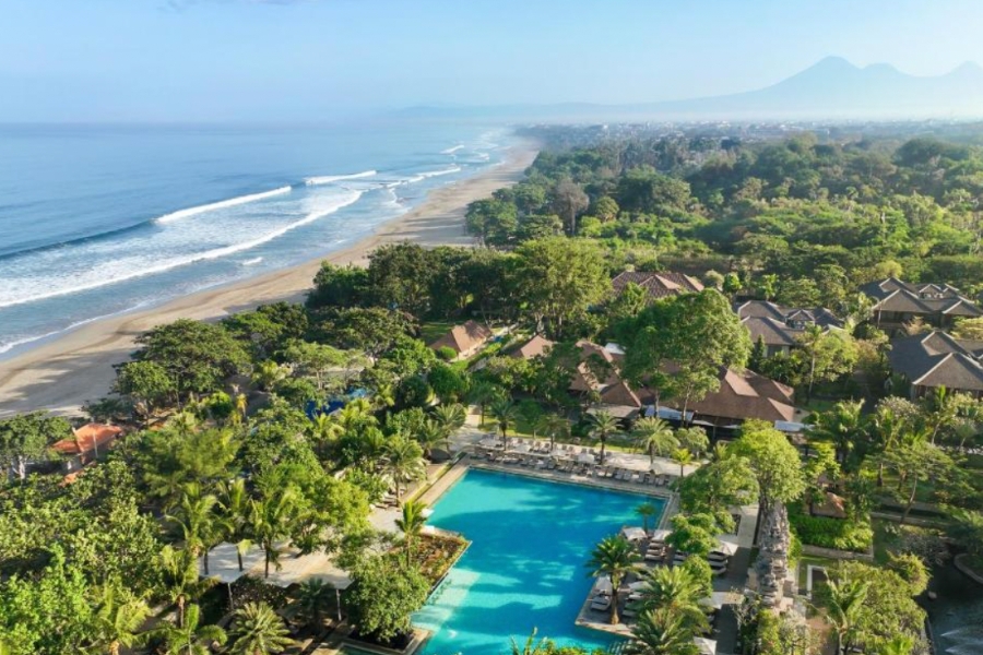 Padma Resort Legian pool and grounds from above showing its proximity to the ocean