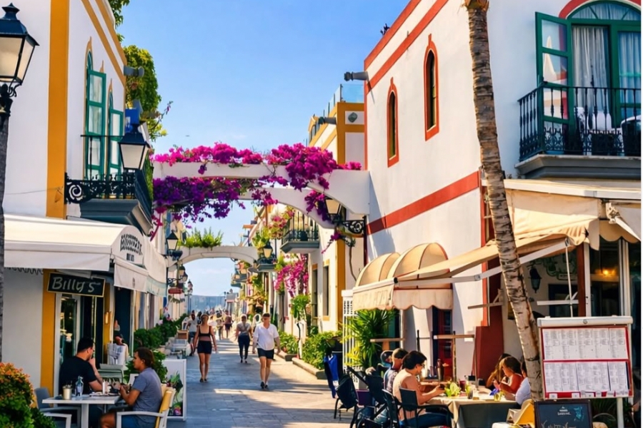 Port of Mogan Puerto de Mogán, magnificent whitewashed building draped in bougainvillea
