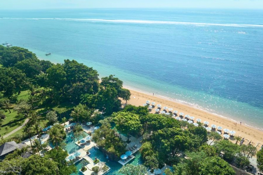 Beach front aerial shot of the Hyatt Regency Bali