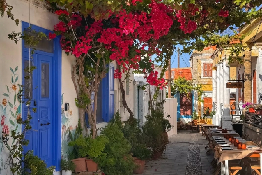Bougainvillea draped blue and white houses in Koskinou street