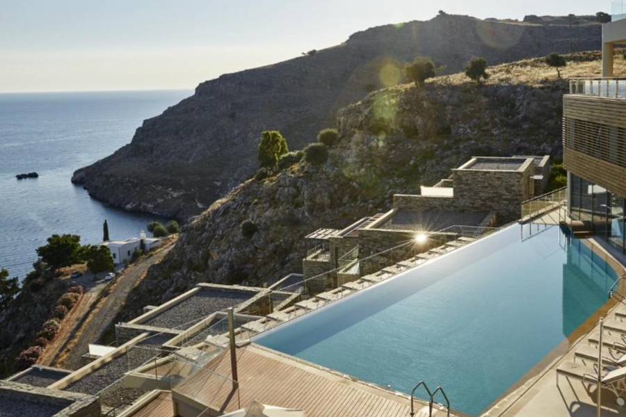 View from the pool at the Lindos Blu Luxury Hotel 